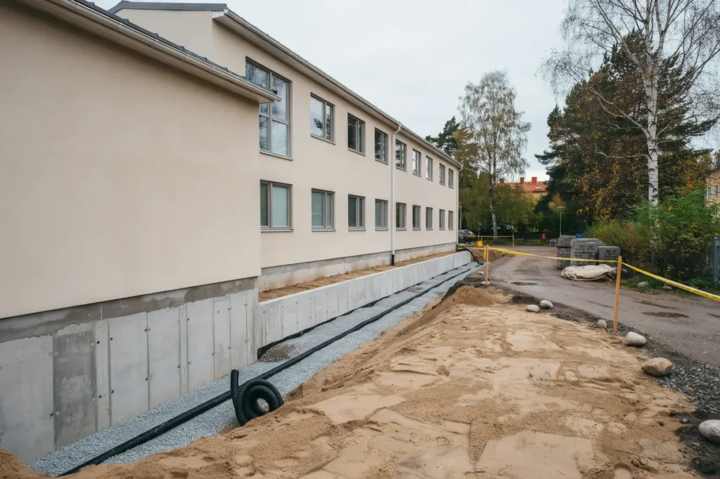 dr neringsarbeten och terfyllning vid flerbostadshus i fanna